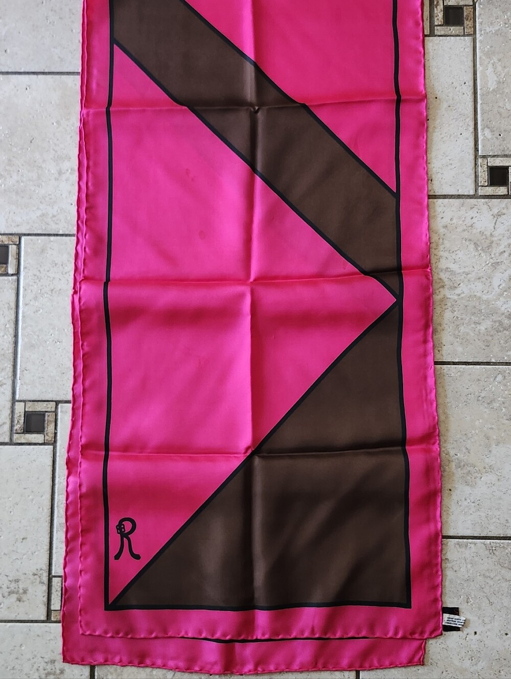 Vtg Roberta Di Camerino Hot Pink & Brown Geometric Silk Scarf